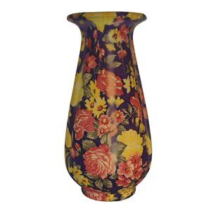 Floral Pottery Vase, Purple With Yellow Pink Flowers, 9-1/2 Inches Tall